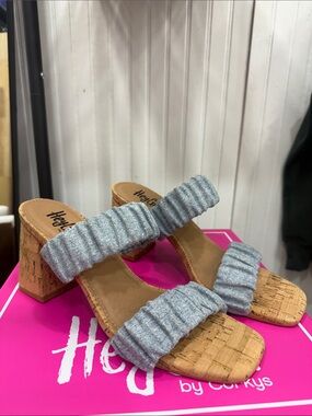 NWOT Corkys Light Blue Ruched Denim Double-Strap Cork Block Heel Sandals Size 9